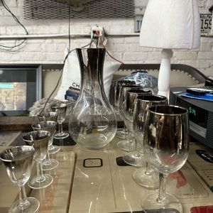 MCM Silver Rimmed Ombre French
Carafe Decanter 5 large glass and 5 small glass